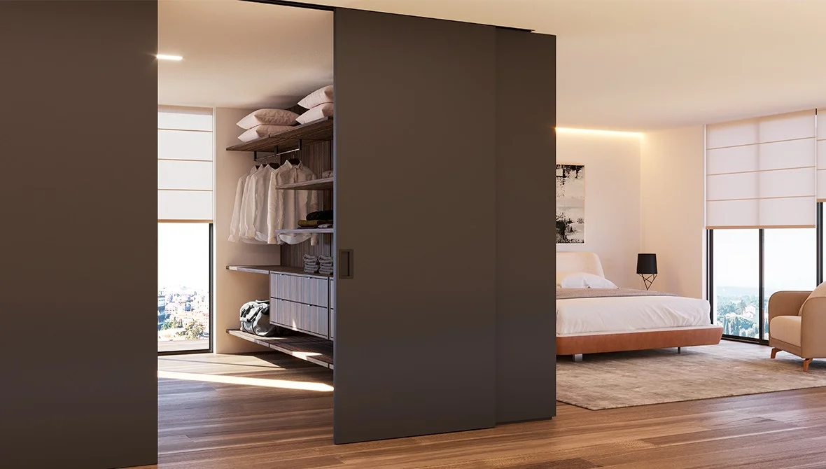 Closet Ara Todeschini com iluminação embutida e design sofisticado.