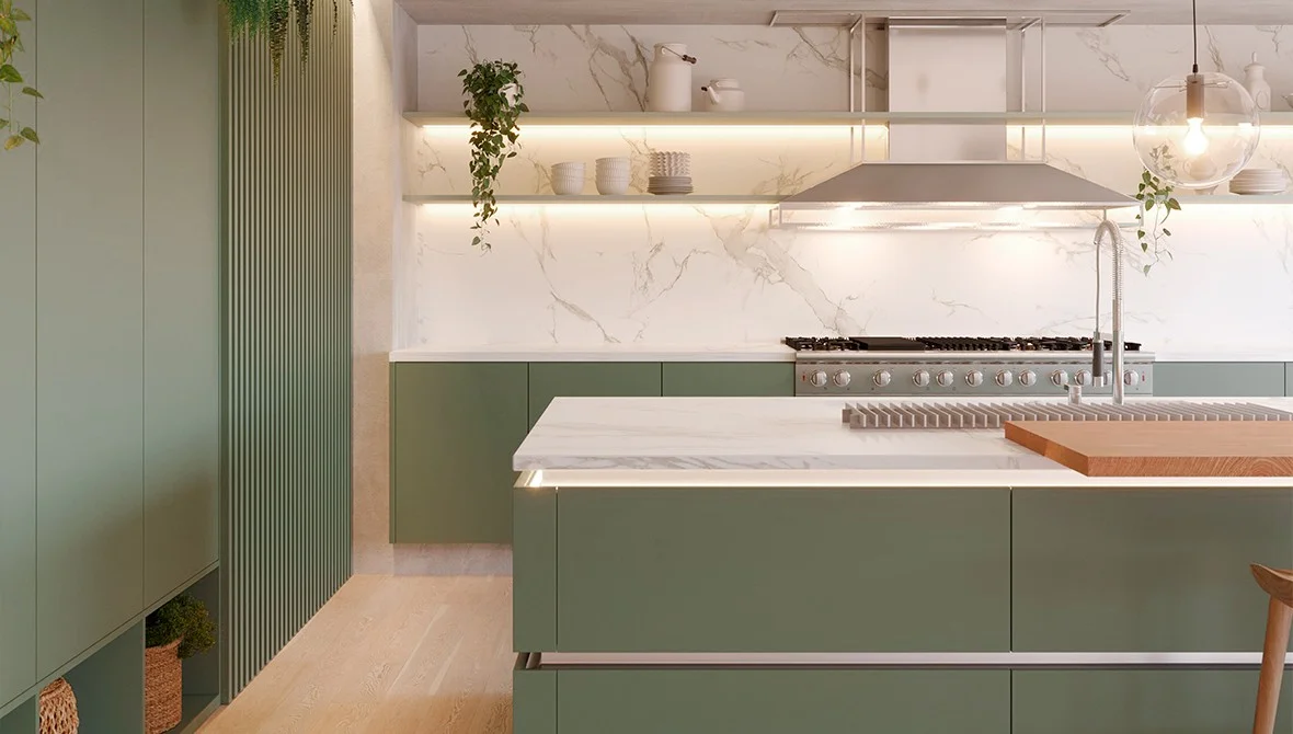 Detalhes do Dekton Aura na Cozinha Todeschini Hera com acabamento exclusivo.