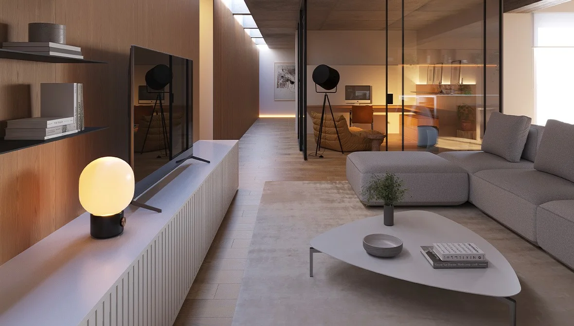 Living Arbo da Todeschini com painel de madeira, prateleiras finas e design minimalista.