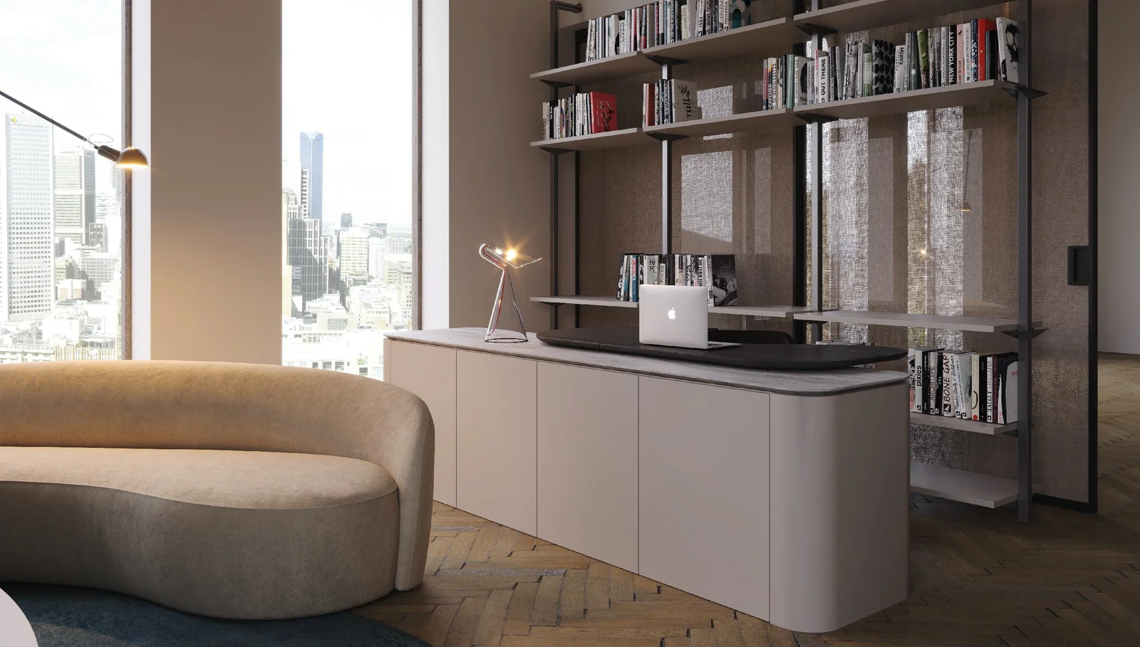 Living Nero Todeschini com painel de madeira escura e design imponente.