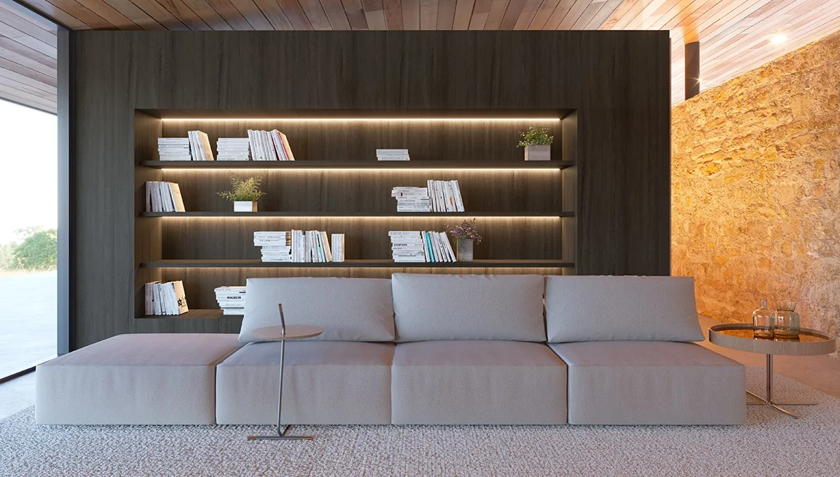 Estante iluminada com prateleiras embutidas e design contemporâneo.