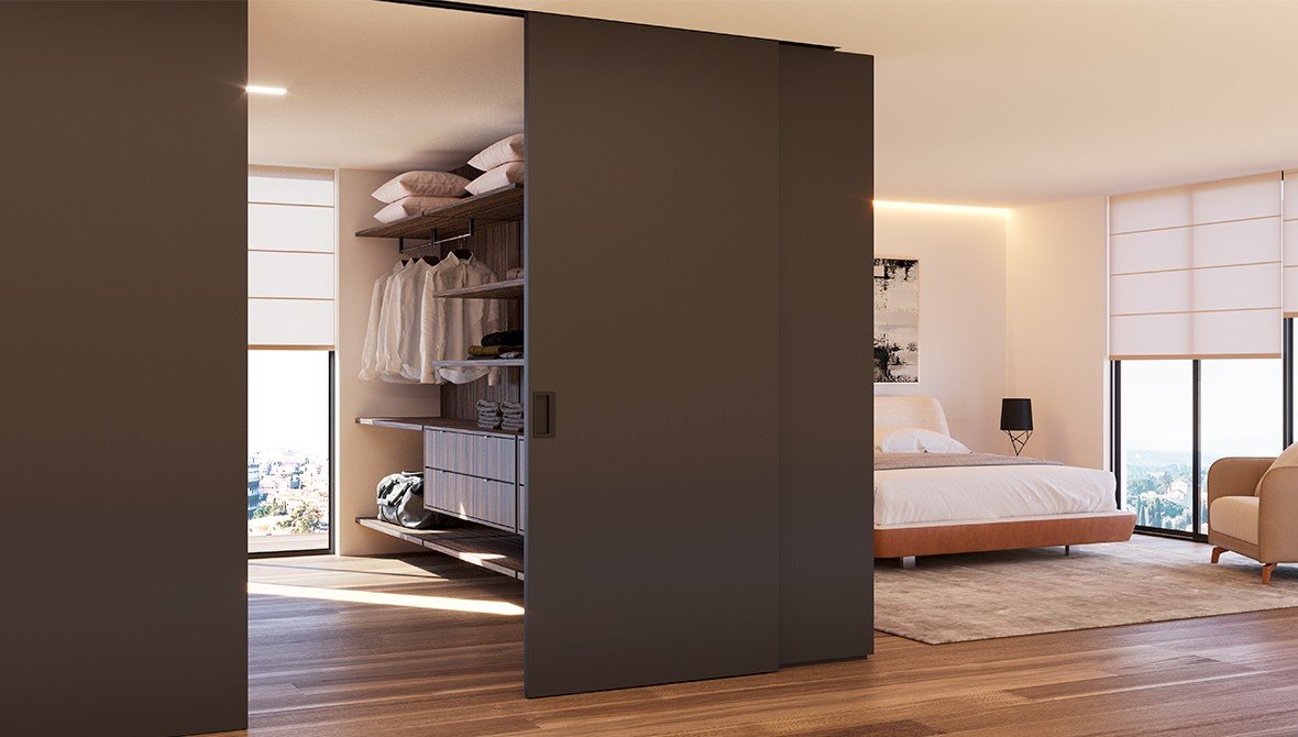 Closet planejado moderno com iluminação embutida, imagem de destaque.
