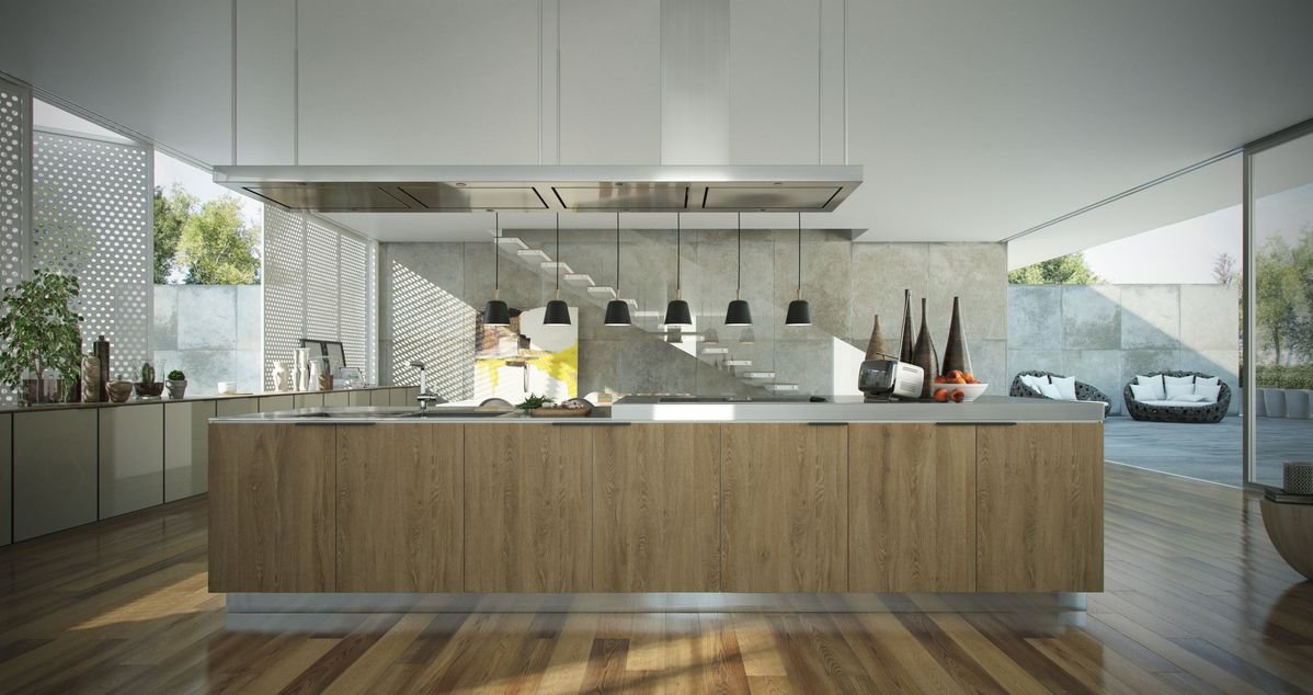 Projeto de área gourmet planejada integrada com a sala de estar, mostrando um ambiente amplo e fluido.