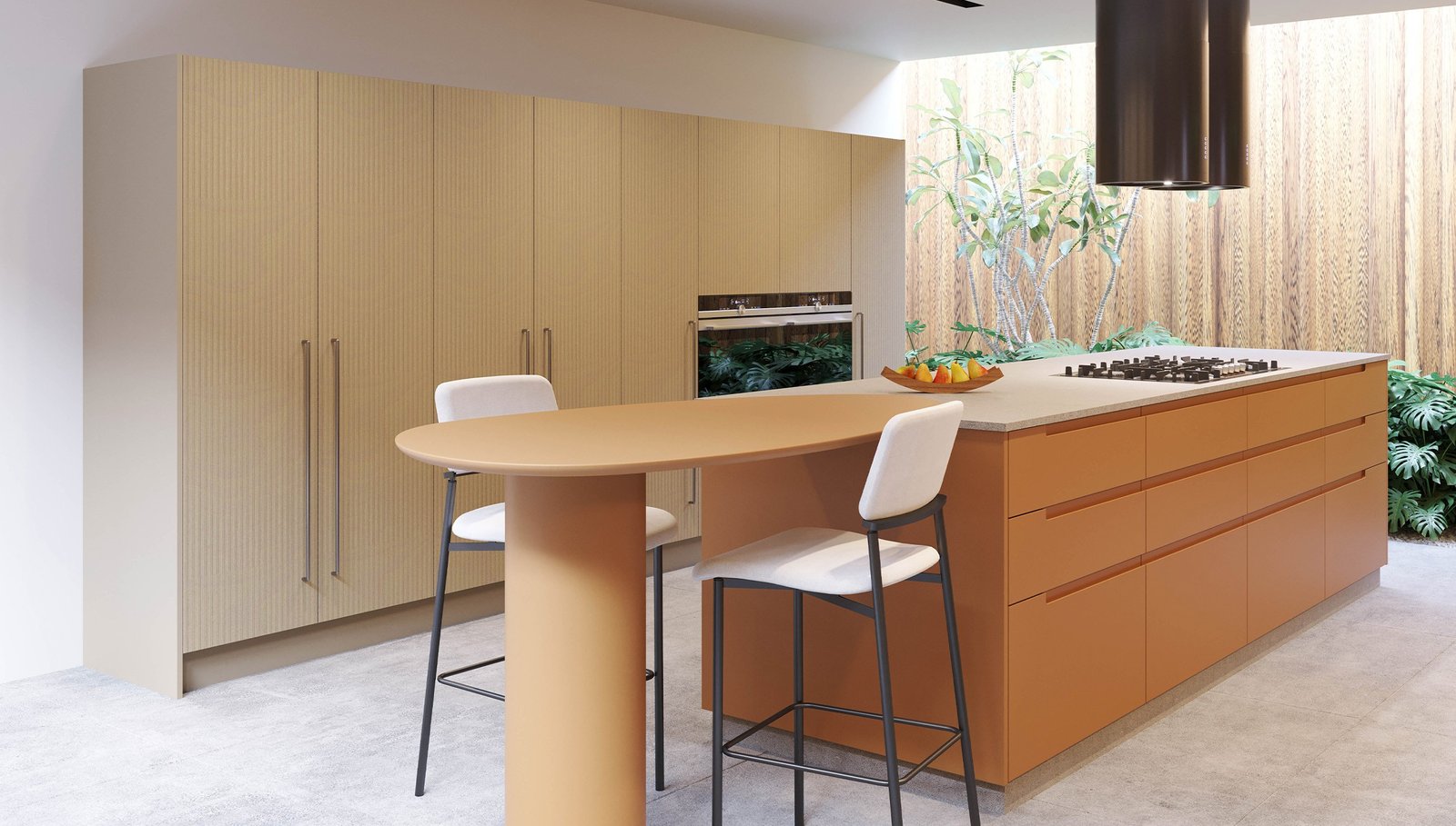 Cozinha minimalista com móveis planejados da linha Elementar, focada no essencial e na redução de desperdício.