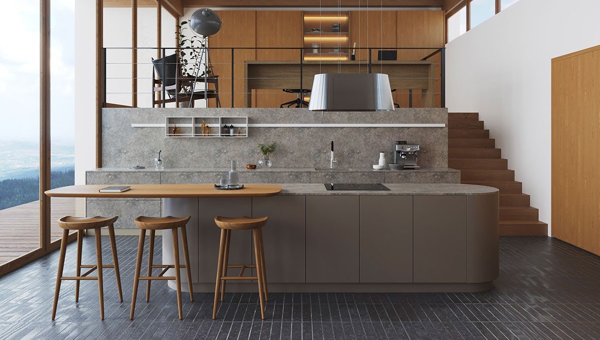 Cozinha de design atemporal com móveis planejados no acabamento Grigio, um exemplo de sustentabilidade pela durabilidade.
