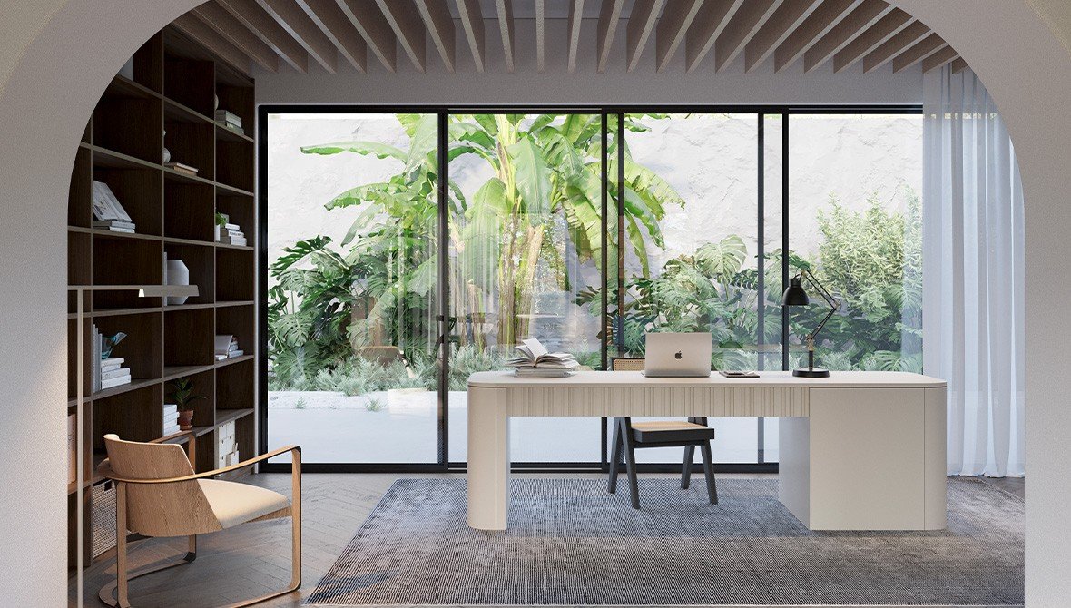Home office planejado da linha Harmony, mostrando um ambiente versátil e integrado.