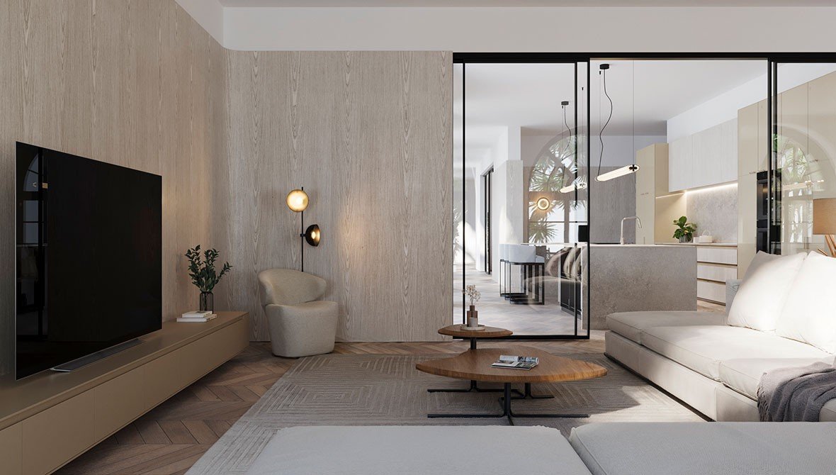 Detalhe de painel e rack de carvalho em living planejado de luxo.