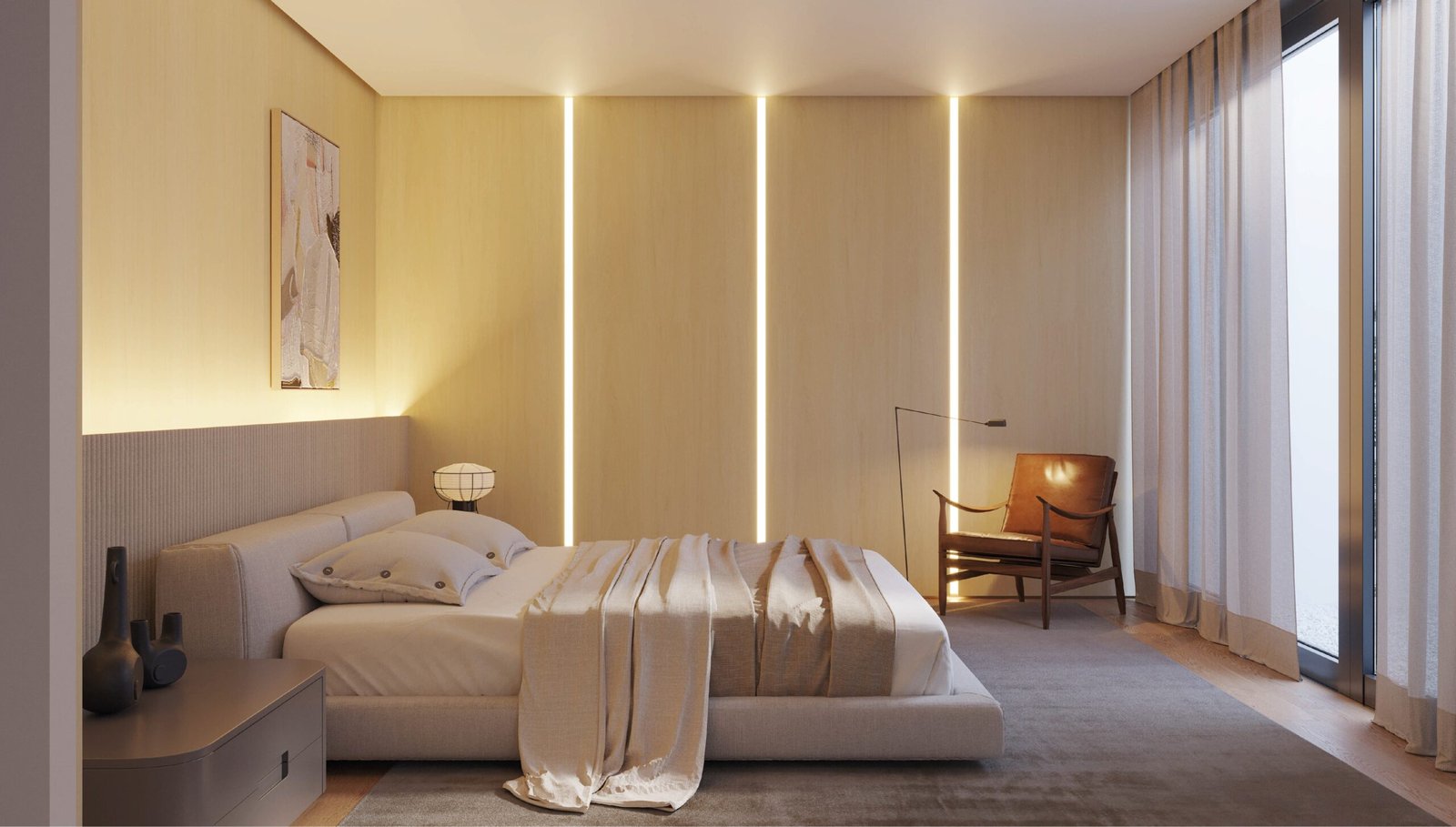 Quarto com design essencial da linha Elementar, mostrando como móveis planejados otimizam o espaço de forma sustentável.