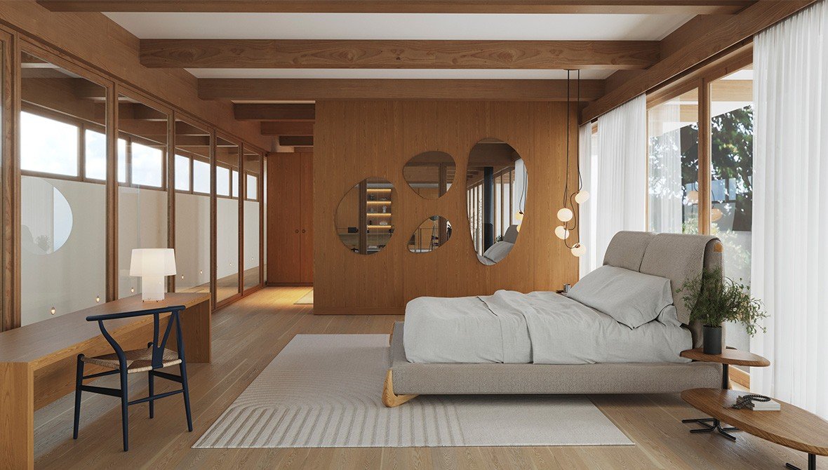 Detalhe de um guarda-roupa planejado com divisões internas inteligentes e design moderno.