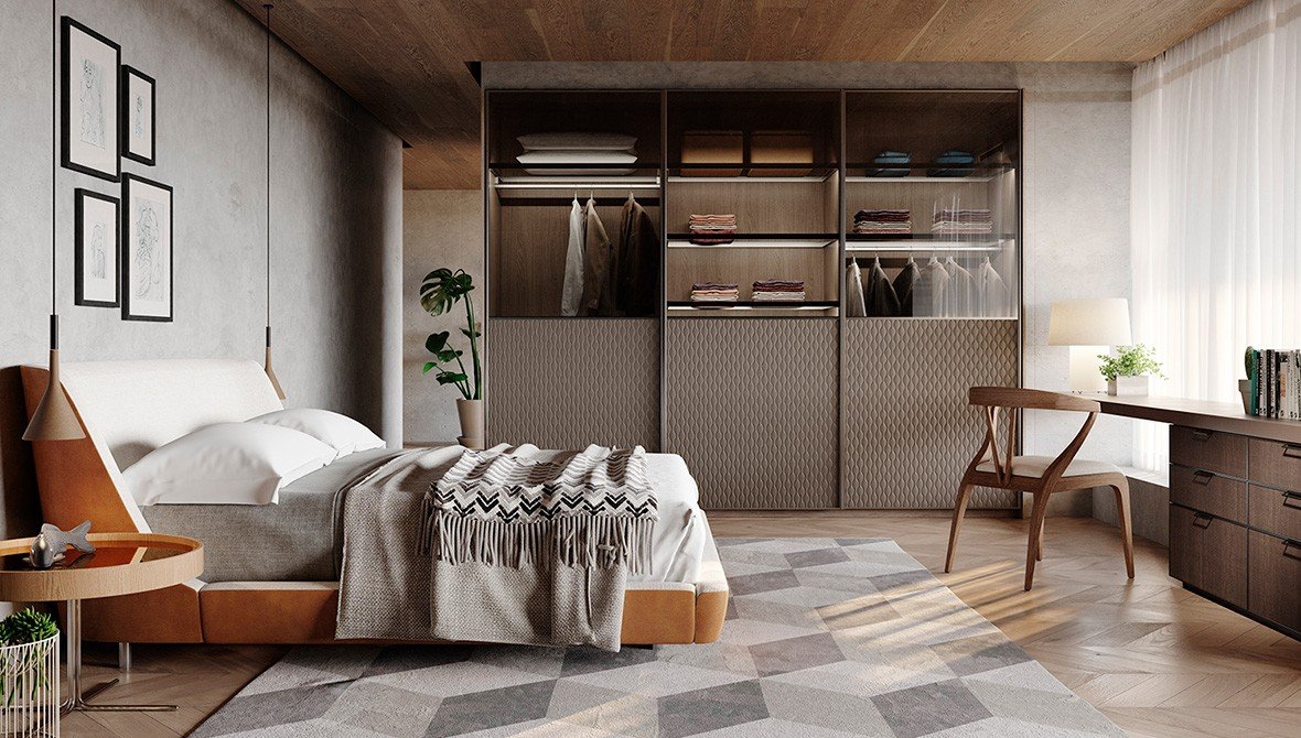 Solução de móveis planejados para quarto de casal compacto, otimizando o espaço com elegância.