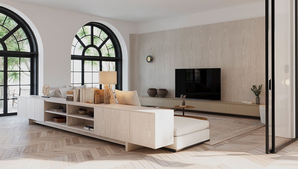 Sala de estar com acabamentos de luxo e tecnologia integrada, mostrando um painel de TV sofisticado.