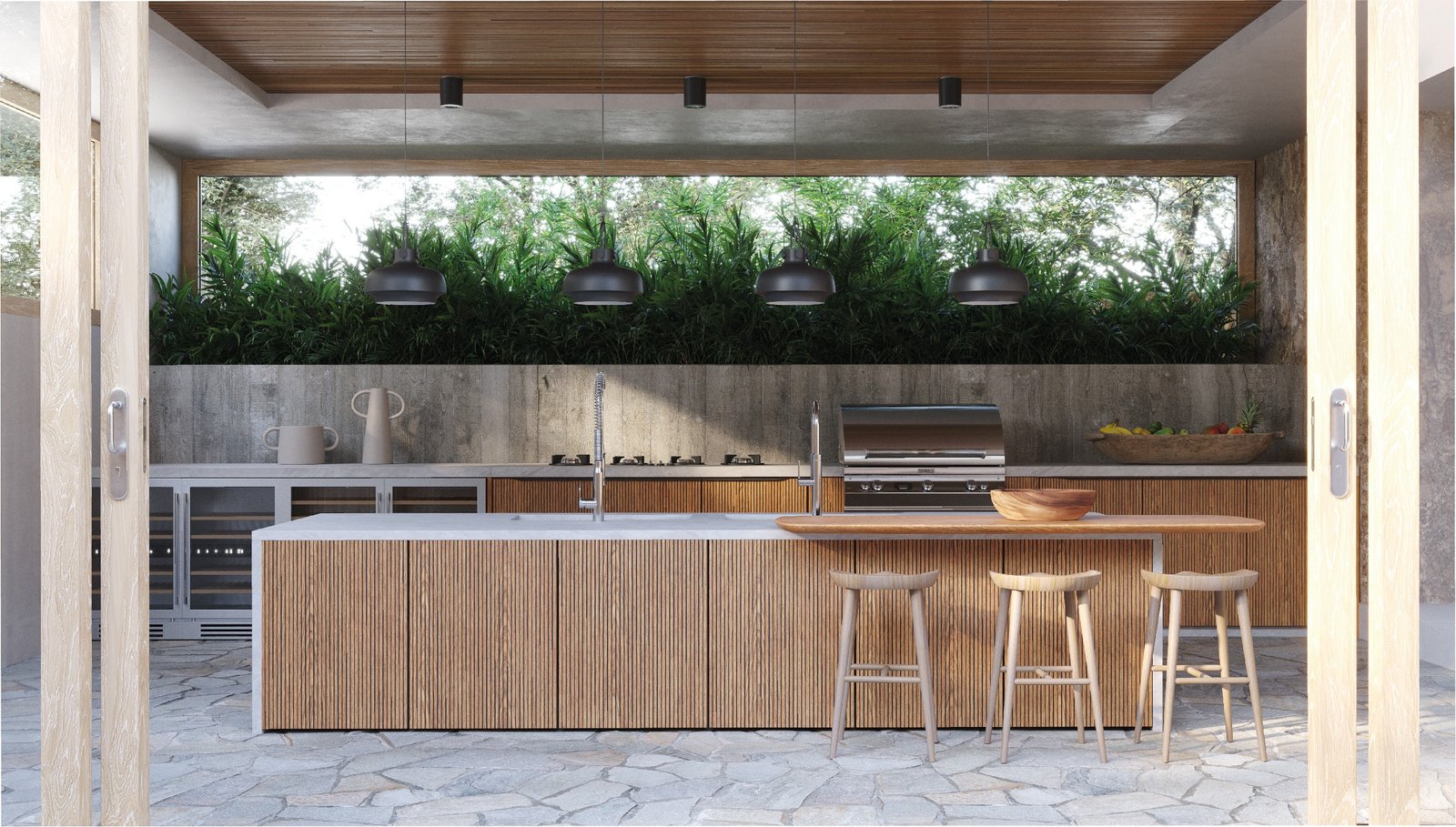 Vista de uma área gourmet planejada com uma ilha central funcional e elegante.